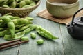 Green Japanese Soybean in wooden bowl on table wood