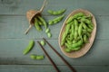 Green Japanese Soybean in wooden bowl on table wood