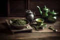 Green Japanese tea cups and teapot. Generate ai Royalty Free Stock Photo