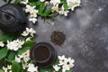 Green jasmin tea and jasmine flowers, cup of green tea on black. Top view. Teatime Royalty Free Stock Photo