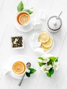 Green jasmine tea ceremony with marshmallow, topview Royalty Free Stock Photo