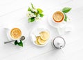 Green jasmine tea ceremony with marshmallow, topview Royalty Free Stock Photo