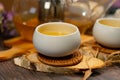 Pretty porcelain Japanese teacups with green tea