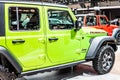 Green Jeep Wrangler Rubicon at Brussels Motor Show, four-wheel drive off-road vehicle manufactured by Jeep