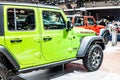 Green Jeep Wrangler Rubicon at Brussels Motor Show, four-wheel drive off-road vehicle manufactured by Jeep