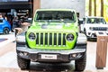 Green Jeep Wrangler Rubicon at Brussels Motor Show, four-wheel drive off-road vehicle manufactured by Jeep