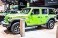 Green Jeep Wrangler Rubicon at Brussels Motor Show, four-wheel drive off-road vehicle manufactured by Jeep