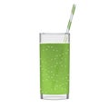 Green juice with smoothie glass and sparkling bubbles. Fruit organic drink. Transparent photo realistic illustration.