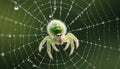 Green jumping spider on a dewy web Royalty Free Stock Photo