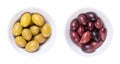 Green and Kalamata olives with pit, Greek table olives, in white bowls