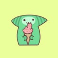 Green kawaii cat smiles and holds ice cream in a waffle cone