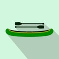 Green kayak with oars icon, flat style