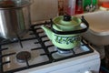 Green kettle boil on a gas stove Royalty Free Stock Photo