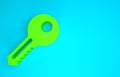 Green Key icon isolated on blue background. Minimalism concept. 3d illustration 3D render Royalty Free Stock Photo