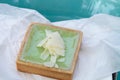 Green Keylime tart pastry with a cookie crust and white chocolate flakes