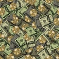 Green khaki camouflage money seamless pattern with lots dollar bills, gold coins.