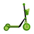 Green kick scooter with a basket isolated on white background. Push scooter transportation in flat style. Eco transport for kids Royalty Free Stock Photo