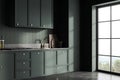 Green kitchen interior with cooking shelves, kitchenware and panoramic window