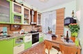 Green Kitchen interior with many utensils