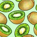 Green kiwi fruit isolated on green background. Kiwi doodle drawing. Seamless pattern