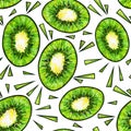 Green kiwi fruit on white background. Kiwi doodle drawing. Seamless pattern