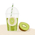 Green kiwi smoothie. Takeaway smoothie cup with green liquid and cut fruit isolated on white. Healthy drink with kiwi Royalty Free Stock Photo