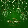 Christmas Lettering on Green Knitted Background with Shining Balls