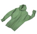 Green knitted long sleeve sweater fly isolated on white. Crunpled moving clothes. Laundry