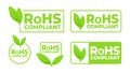 Green labels with a leaf icon indicating RoHS Compliant for electronics, promoting environmentally responsible Royalty Free Stock Photo