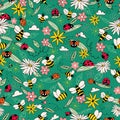 Green Ladybugs and Bees seamless pattern background. Summer pattern with flowers and bugs. Doodle bugs pattern.