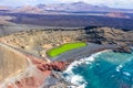 Green lake aerial view Charco de Los Clicos Verde near El Golfo on Lanzarote island on Canary Islands in Spain