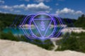 Ajna chakra or third eye symbol on natural forest and lake background