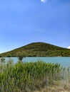 Green lake with grass on the bank before the hill Royalty Free Stock Photo