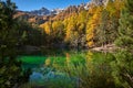 Green Lake Lac Vert in the Narrow Valley Vallee Etroite in Autumn. Hautes-Alpes, Alps, France