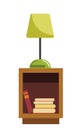 Green lamp stands on wooden bedside table full of books