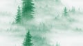 Green landscape of foggy forest, winter hill. Wild nature, frozen, misty, taiga. watercolor background Royalty Free Stock Photo