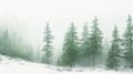 Green landscape of foggy forest, winter hill. Wild nature, frozen, misty, taiga. watercolor background Royalty Free Stock Photo