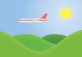 Green landscape with grassy hills and flying airplane on blue sk Royalty Free Stock Photo