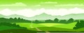 Green landscape hills. Mountain horizon. Vector illustration. The road, the village. Rural countryside. Blue sky with white clouds Royalty Free Stock Photo
