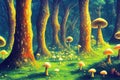 green landscape illustration of mushrooms, forest, ai generated image