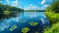 Green landscape with a lake and wind turbines. Clean ecology power. Spacy text Royalty Free Stock Photo