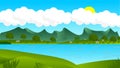 Green landscape with meadows, mountains and cow . lake and forest, nature landscape, vector background. vector illustration in Royalty Free Stock Photo