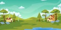 Green landscape scenery with tree, house, windmill, solar panel, illustration concept for earth day Royalty Free Stock Photo