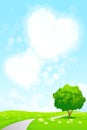 Green Landscape with Tree and Heart Shape Clouds Royalty Free Stock Photo