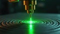 Green laser beam illuminates surface. Tech uses process of cutting, laser engraving. Modern technology, industrial laser Royalty Free Stock Photo