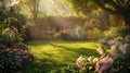 a green lawn background bathed in sunlight., the lushness of the grass and the warm glow of the sun, evoking a sense of