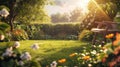 a green lawn background bathed in sunlight., the lushness of the grass and the warm glow of the sun, evoking a sense of Royalty Free Stock Photo