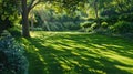 a green lawn background bathed in sunlight., the lushness of the grass and the warm glow of the sun, evoking a sense of Royalty Free Stock Photo