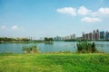 Green lawn beach by the sea and high vity buildings on the horizon with blue sky Royalty Free Stock Photo