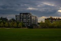 Green lawn and buildings in the downtown Bellevue city hall park Royalty Free Stock Photo